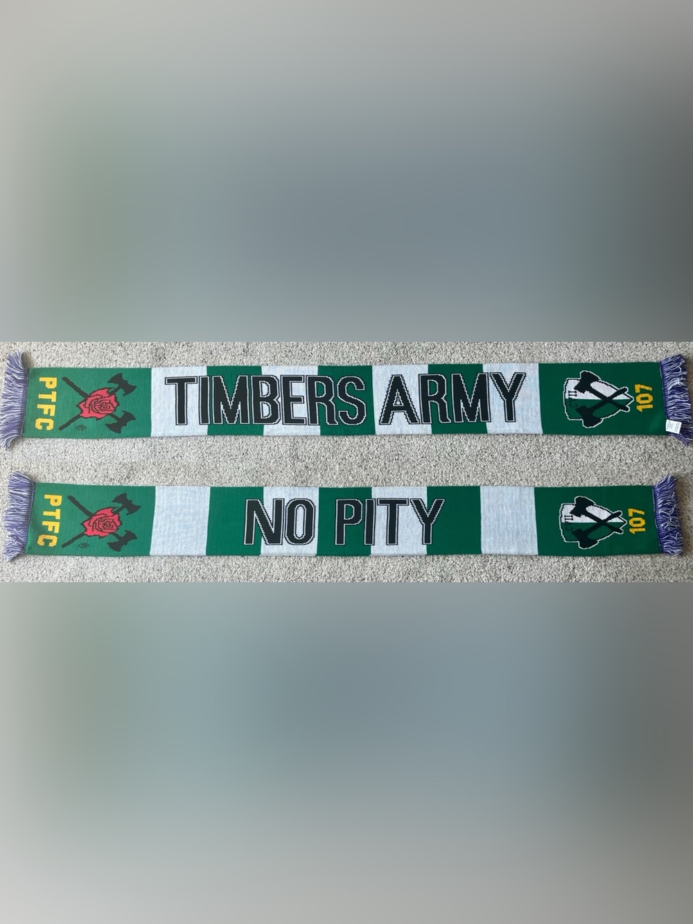 Portland Timbers Army No Pity Purple and White Fringe Soccer Scarf
